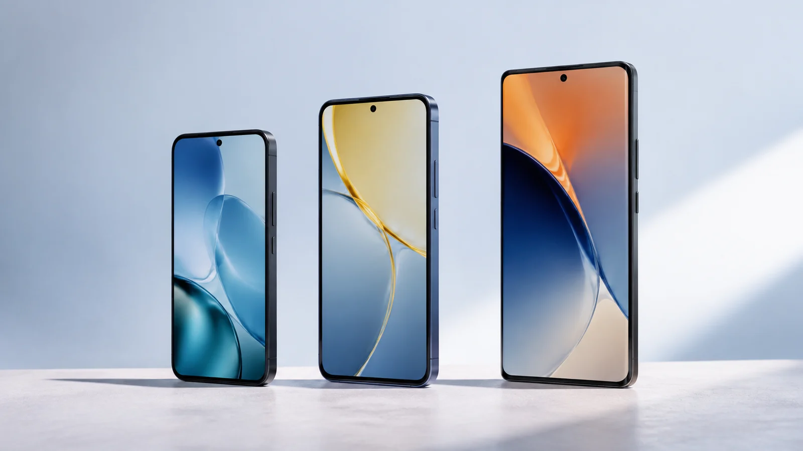 Three unbranded smartphones in different sizes