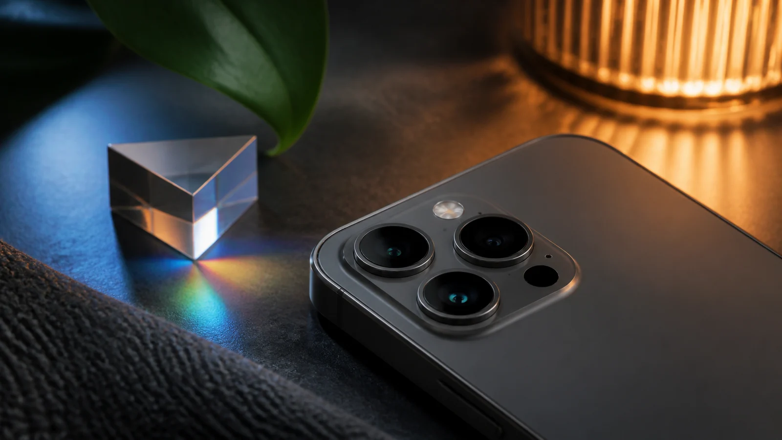 A modern smartphone camera beside a prism in mixed light